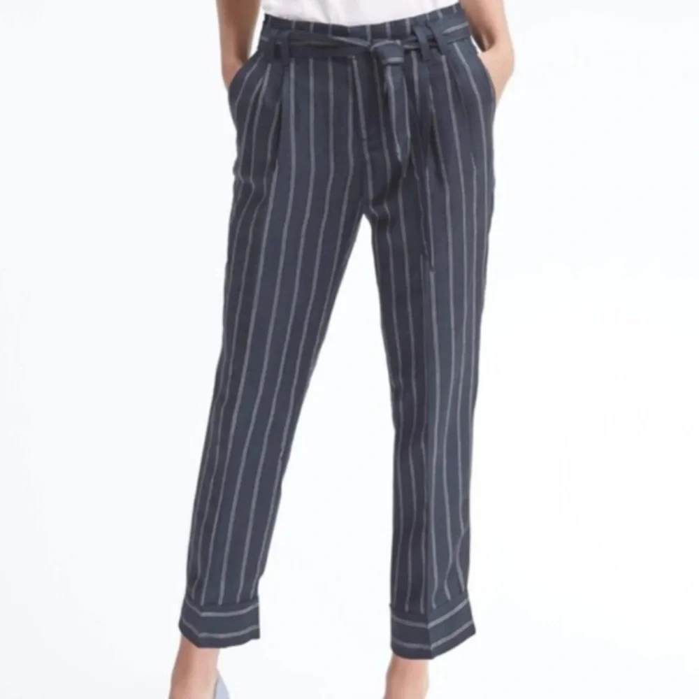 NWT BANANA REPUBLIC LUXE LINEN AVERY VERTICAL STRIPE PANTS SIZE 0 STRAIGHT LEG‎
